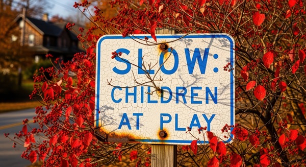 Weathered road sign reading "Slow: Children at Play" stands in front of red autumn leaves along a residential street.