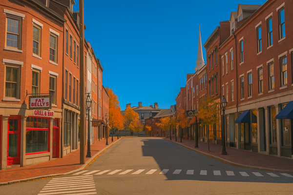 Empty downtown street in Portsmouth lined with red brick buildings and fall trees under a bright blue sky, with a white church steeple visible in the distance.