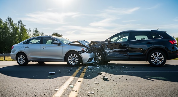 A silver sedan and a black SUV locked in a head-on collision on a two-lane highway in New Hampshire, with significant front-end damage and debris scattered across the asphalt under a clear sky.