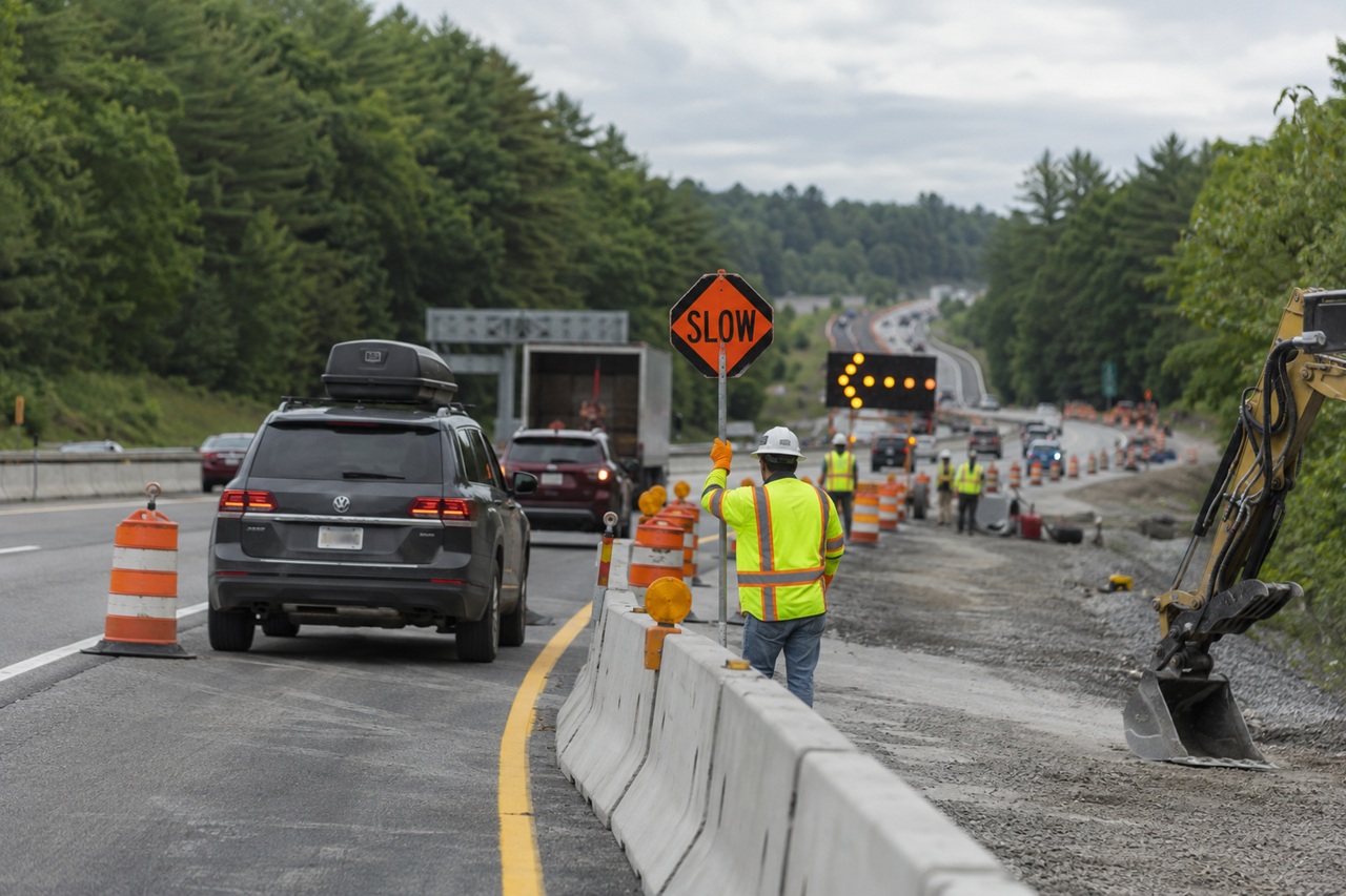 A New Hampshire highway construction worker wearing a bright neon safety vest, hard hat, and orange gloves stands behind a concrete barrier holding a diamond-shaped "SLOW" sign as traffic, including a dark SUV, passes through a single-lane work zone lined with orange barrels and heavy machinery.