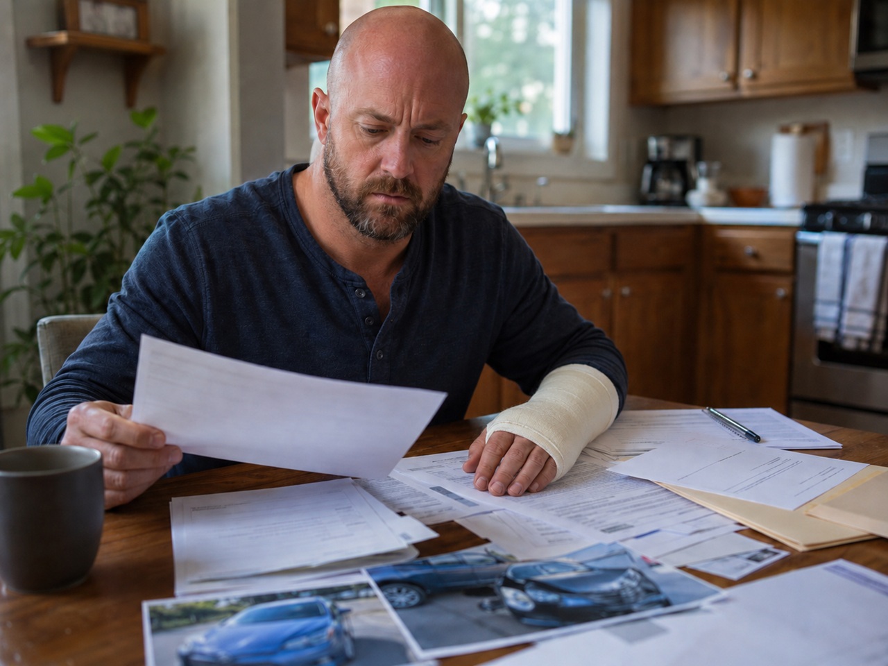 A concerned man with a supportive cast on his left arm sits at a kitchen table, carefully reviewing insurance paperwork and color photos of a car crash, representing an injured driver evaluating a personal injury claim under New Hampshire’s modified comparative fault laws.