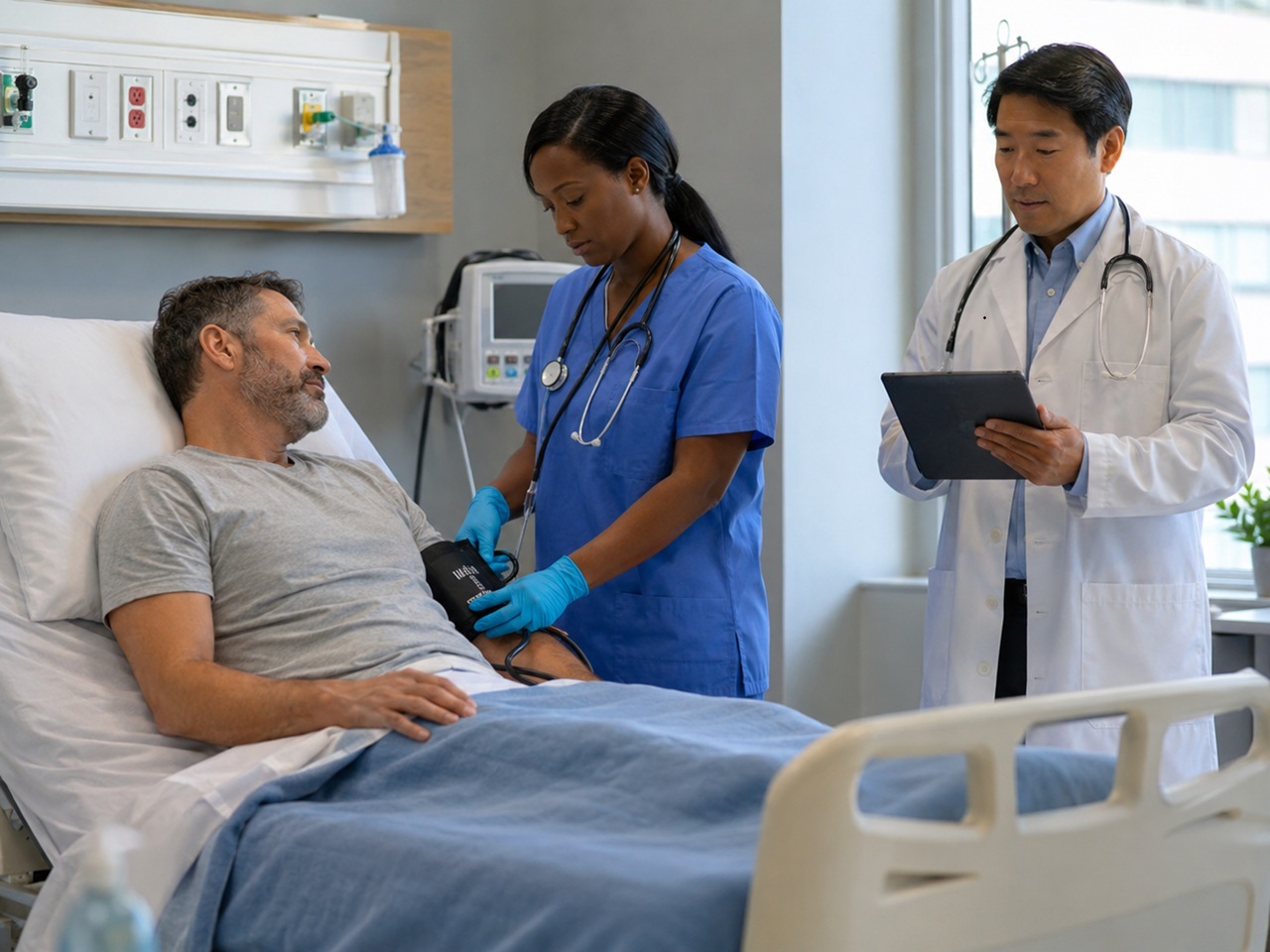 A hospital patient in New Hampshire having his blood pressure checked while a doctor reviews his chart on a tablet, illustrating the vital sign monitoring at issue in a delayed sepsis treatment malpractice claim.