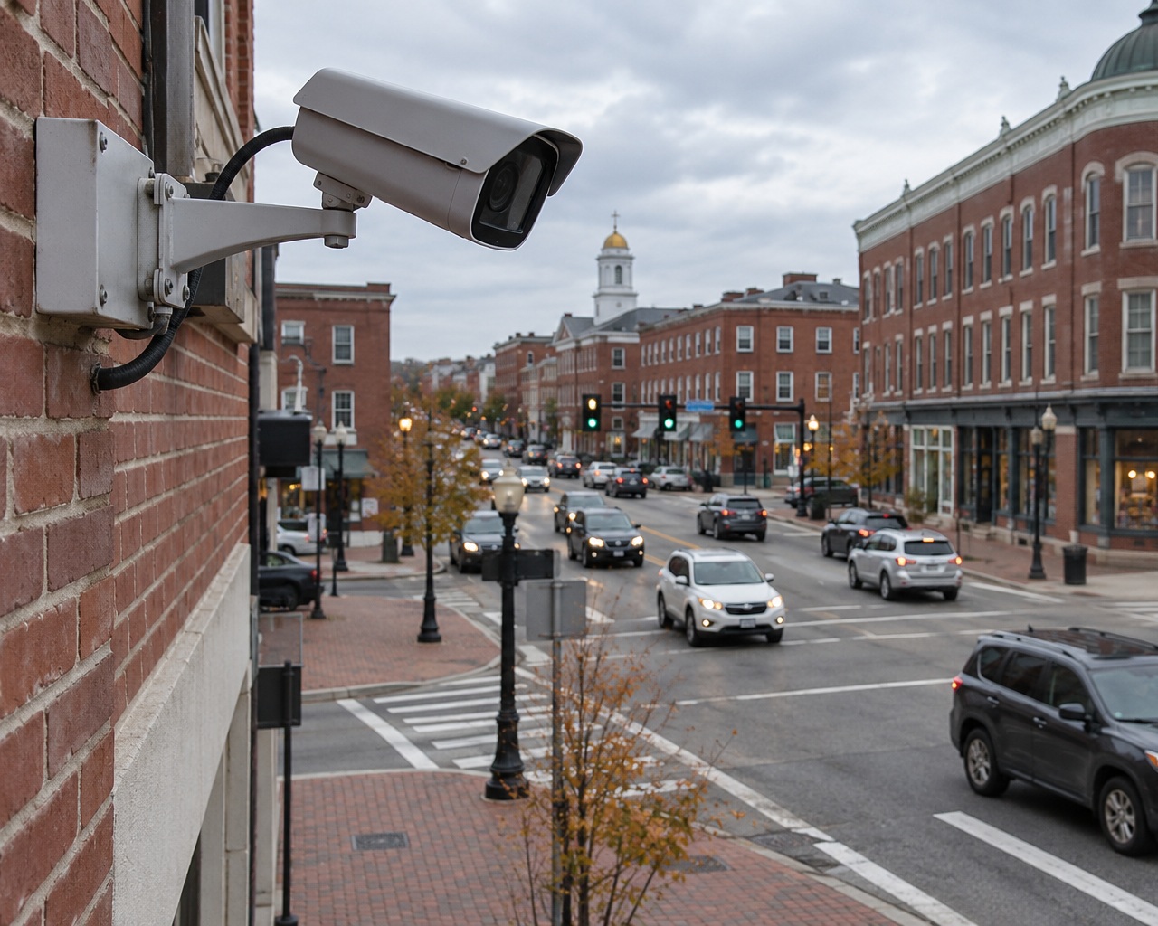 Security camera mounted on a brick storefront overlooking traffic at a downtown Dover, New Hampshire intersection on an overcast afternoon.